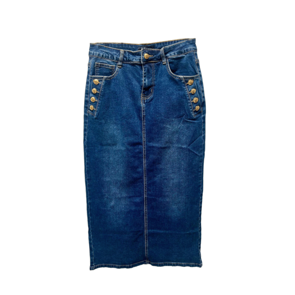 Denim Skirt with Gold Button Detailing
