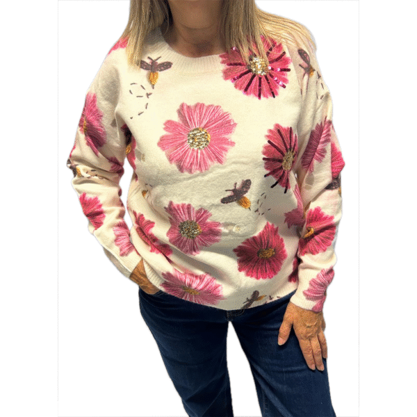 Pink Floral Embellished Sweater