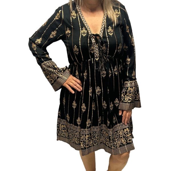 Black boho dress with gold print