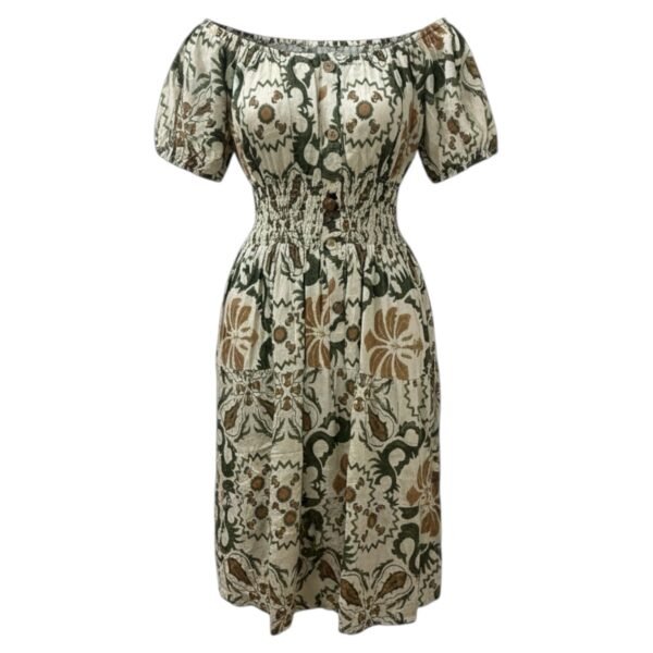 Green & Neutral Boho Print Bardot Midi Dress