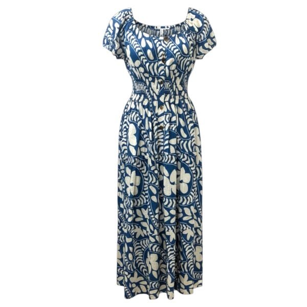 Blue & Cream Leaf Print Maxi Dress