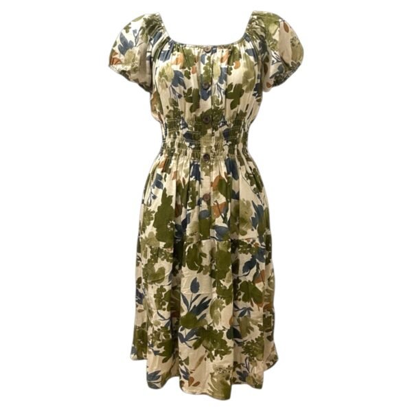 Cream & Green Leaf Print Midi Dress