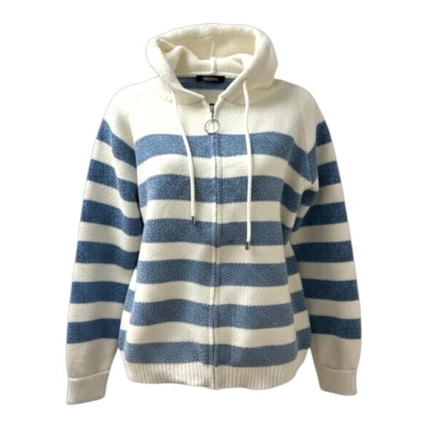 Cream & Denim Blue Stripe Zip-Front Hooded Cardigan