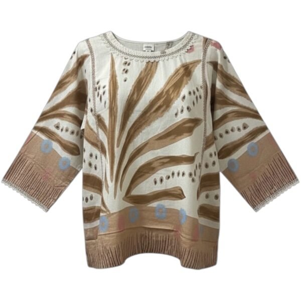 Cream & Brown Abstract Print Top with 3/4 Sleeves