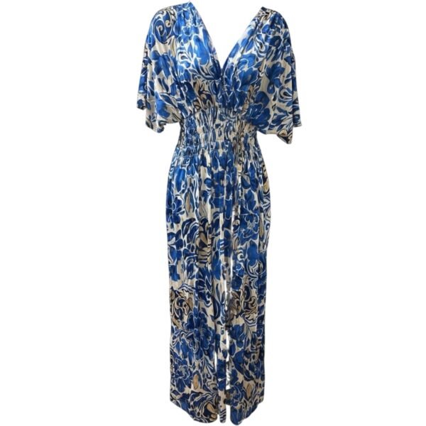 Blue Floral Shirred Waist Maxi Dress with Gold Leaf Embellishment