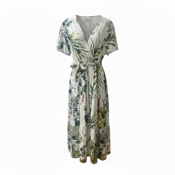 Botanical Print Wrap Midi Dress with Tie Waist