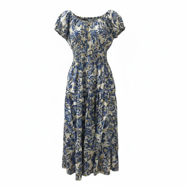Blue & Cream Floral Maxi Dress with Gold Accents