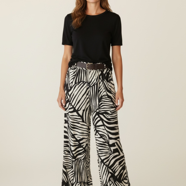 Black cream pattern wide leg trousers