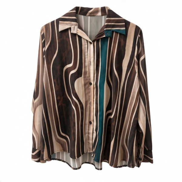 Print brown cream and teal button front blouse
